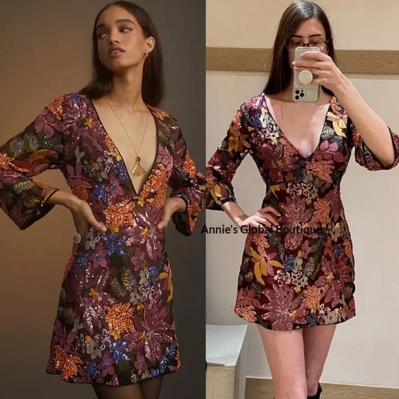 RARE NWT ANTHROPOLOGIE Sequined Embroidered Cut-Out Mini Dress. Size 20W - Picture 3 of 16